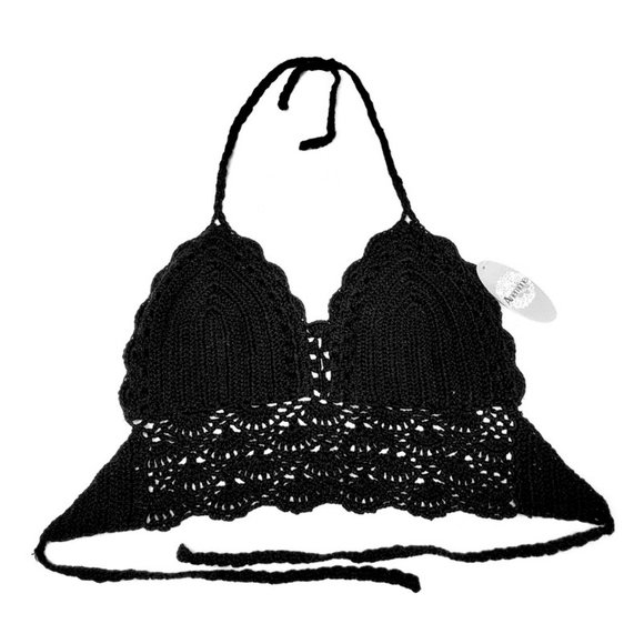 Boho Black Crochet Anemone Black Crop Halter Top. New ~ One Size! - Picture 5 of 7